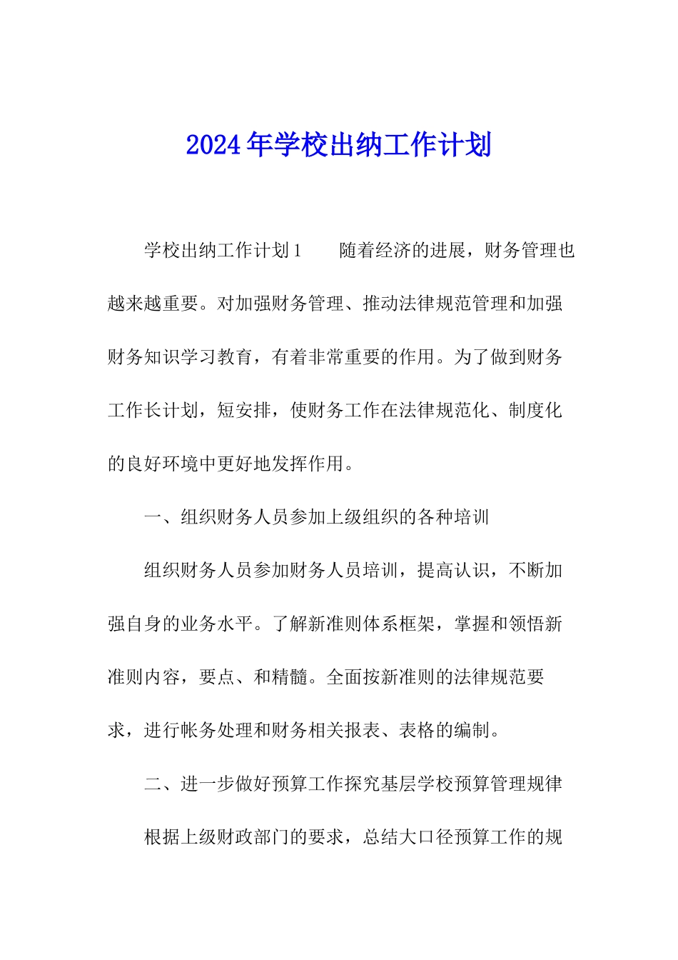 2024年学校出纳工作计划_第1页