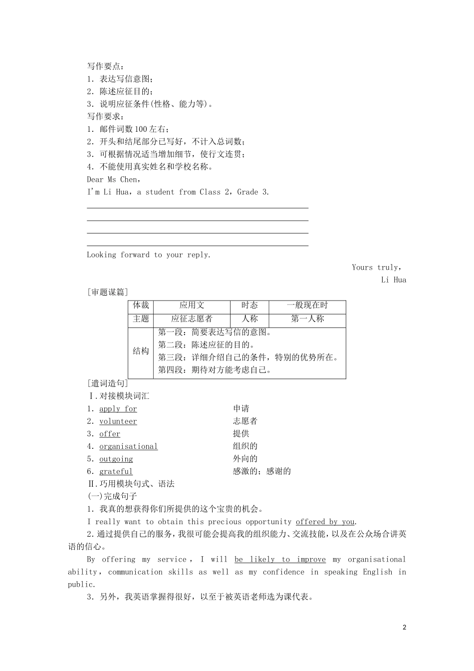 高中英语 Module 2 A Job Worth Doing Section Ⅴ Guided Writing 写一封求职信学案 外研版必修5-外研版高二必修5英语学案_第2页