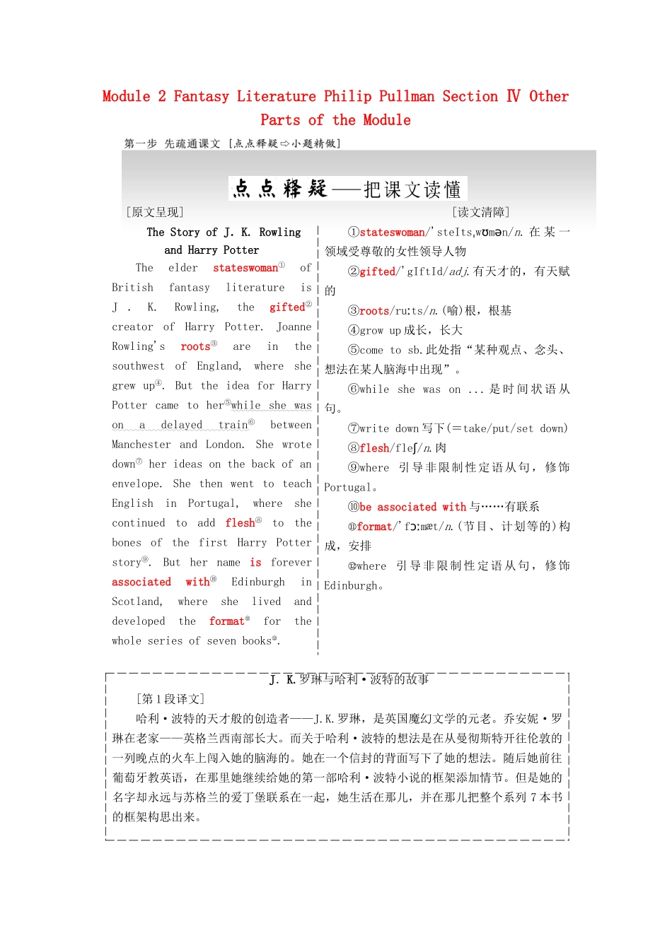 高中英语 Module 2 Fantasy Literature Philip Pullman Section Ⅳ Other Parts of the Module教学案 外研版选修6-外研版高二选修6英语教学案_第1页