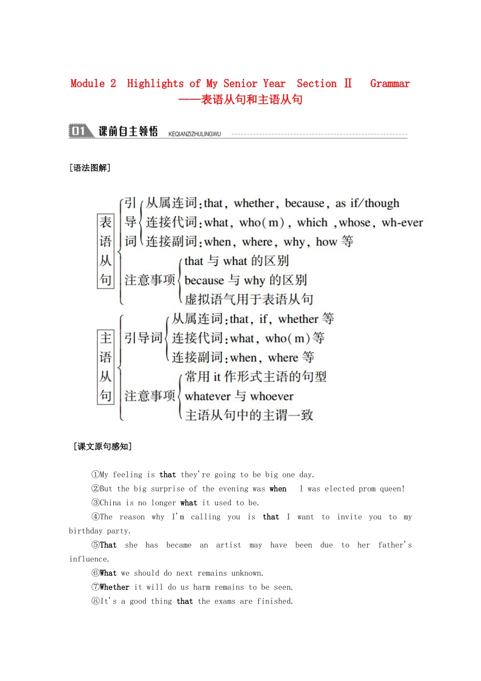 高中英语 Module 2 Highlights of My Senior Year Section Ⅱ Grammar—表语从句和主语从句学案（含解析）外研版选修7-外研版高二选修7英语学案_第1页