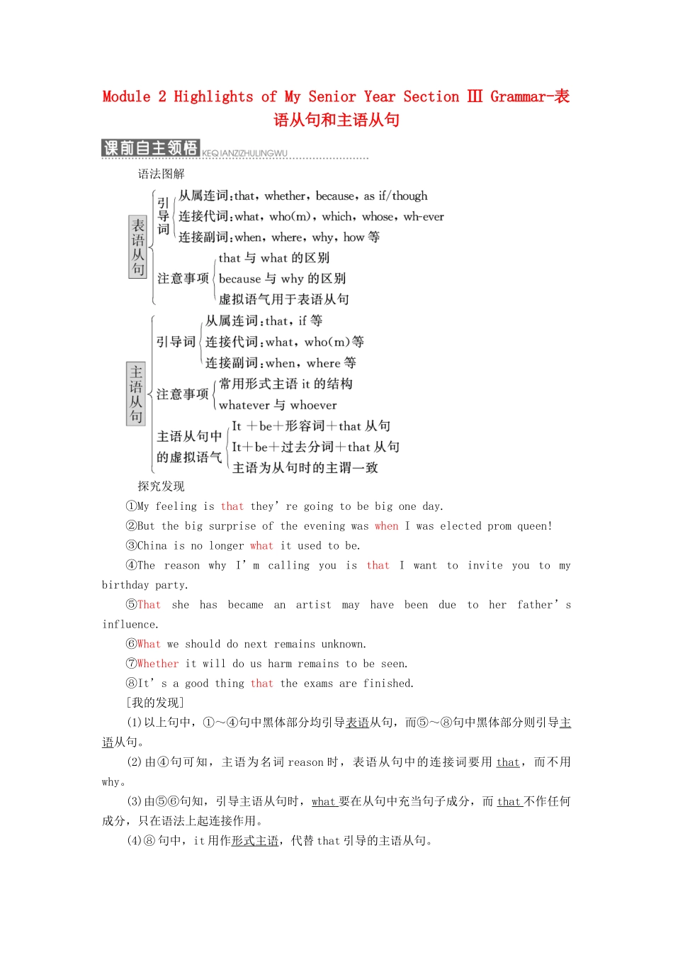 高中英语 Module 2 Highlights of My Senior Year Section Ⅲ Grammar-表语从句和主语从句教学案 外研版选修7-外研版高二选修7英语教学案_第1页