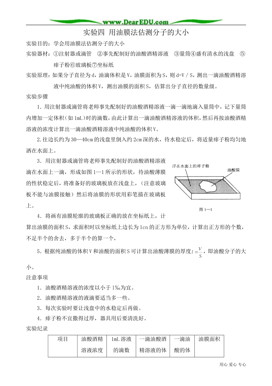 高中物理第二册实验四 用油膜法估测分子的大小_第1页