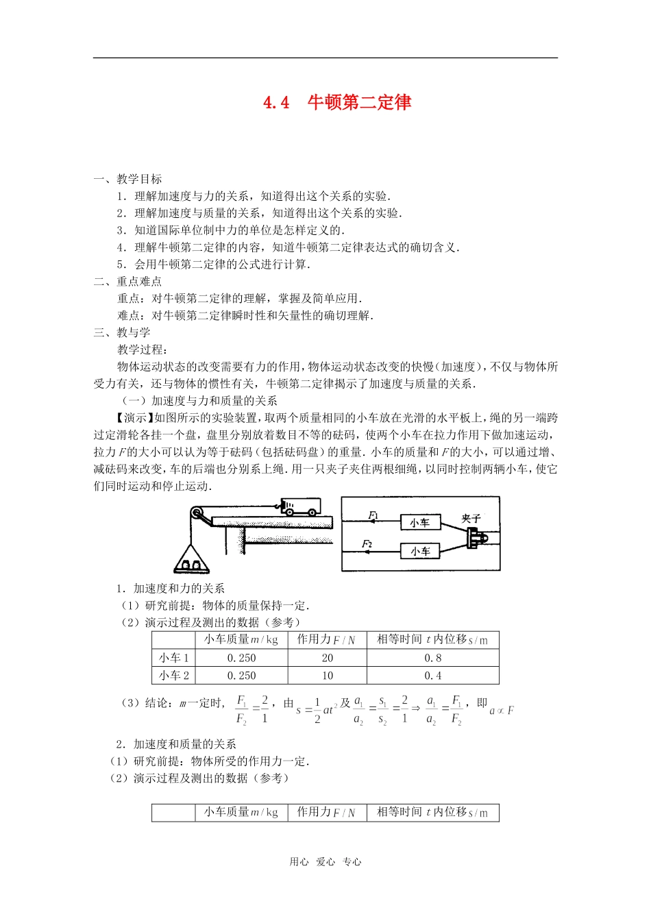 高中物理：4.4《牛顿第二定律》教案 2  粤教版必修1 _第1页