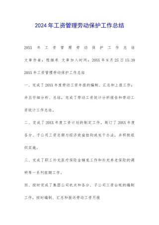 2024年工资管理劳动保护工作总结-