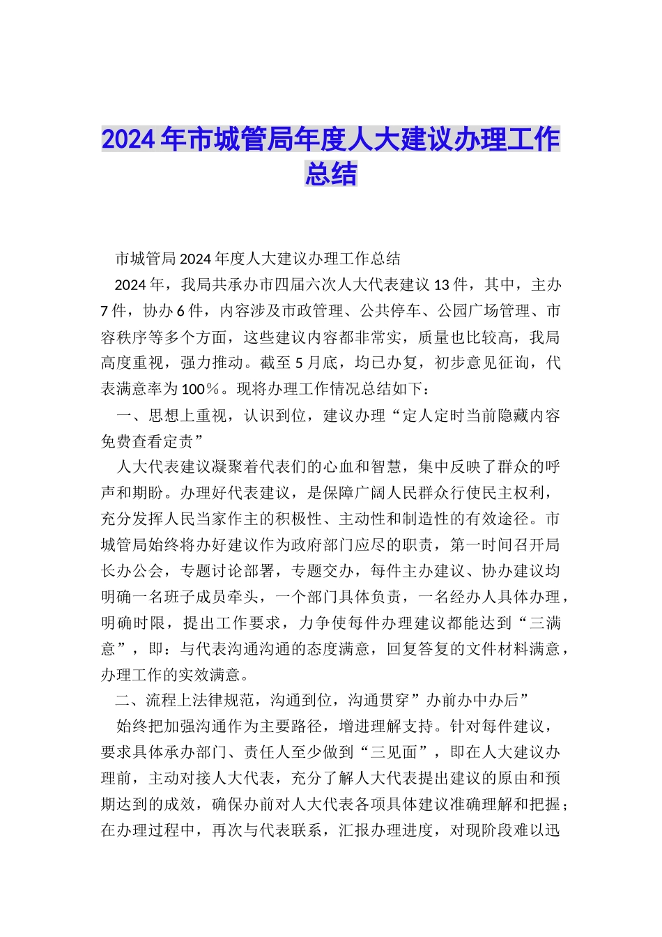 2024年市城管局年度人大建议办理工作总结_第1页