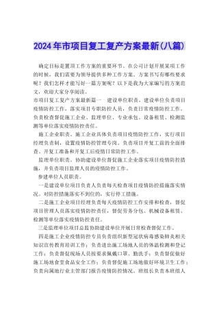 2024年市项目复工复产方案最新