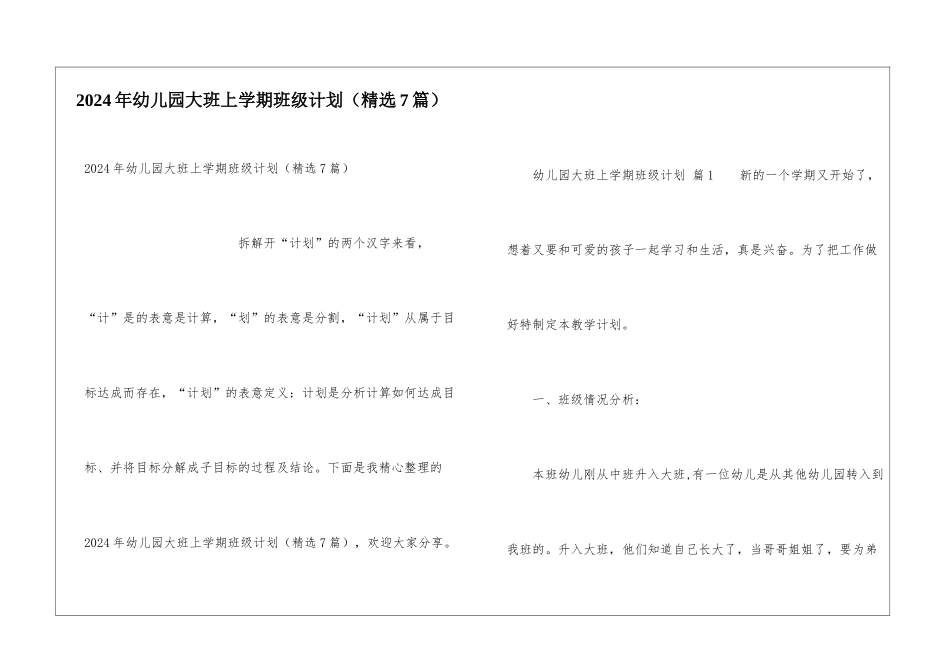 2024年幼儿园大班上学期班级计划_第1页