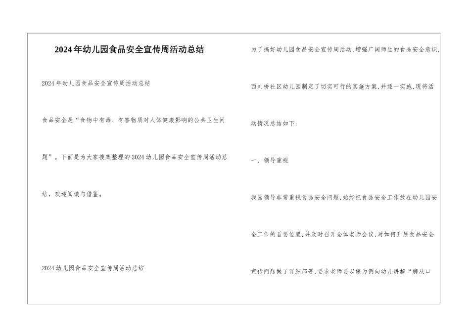 2024年幼儿园食品安全宣传周活动总结_第1页