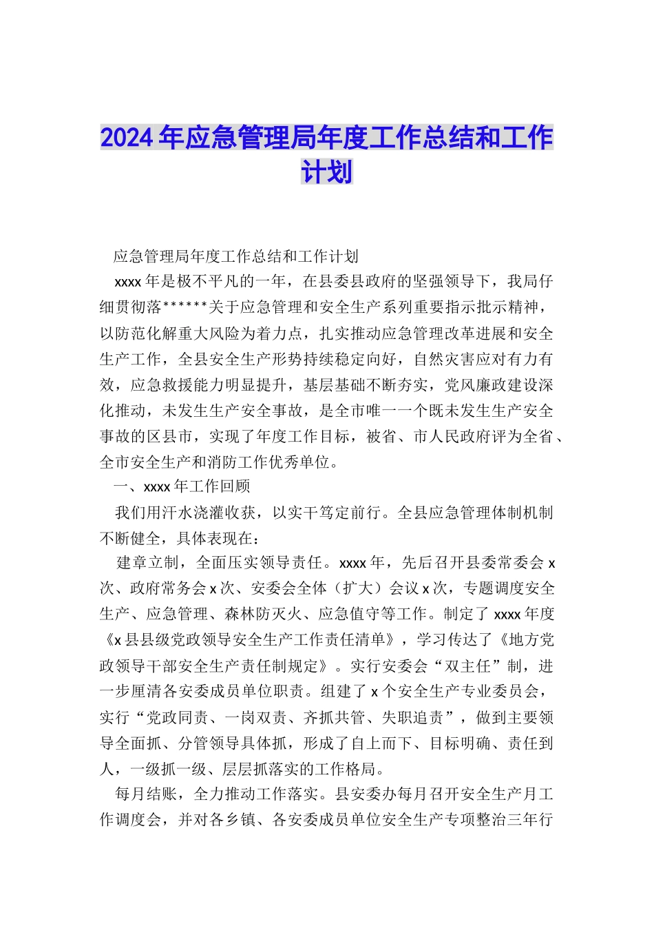 2024年应急管理局年度工作总结和工作计划_第1页