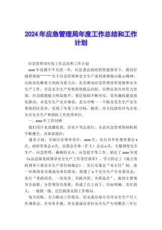 2024年应急管理局年度工作总结和工作计划