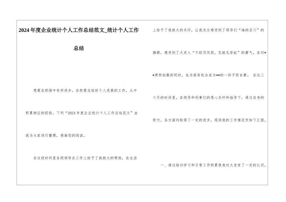 2024年度企业统计个人工作总结范文统计个人工作总结_第1页