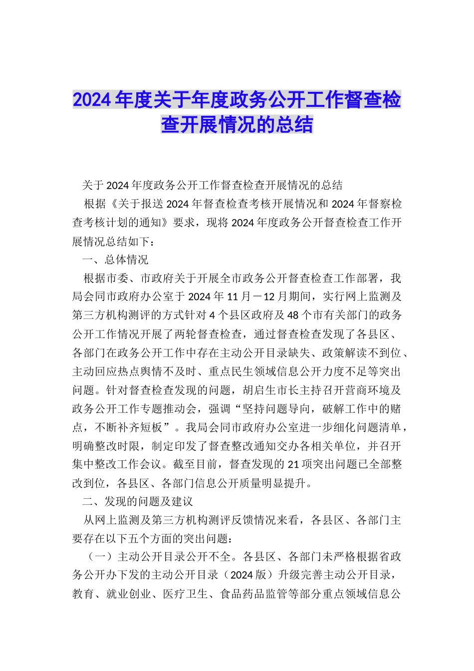 2024年度关于年度政务公开工作督查检查开展情况的总结_第1页