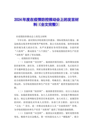 2024年度在疫情防控推进会上的发言材料