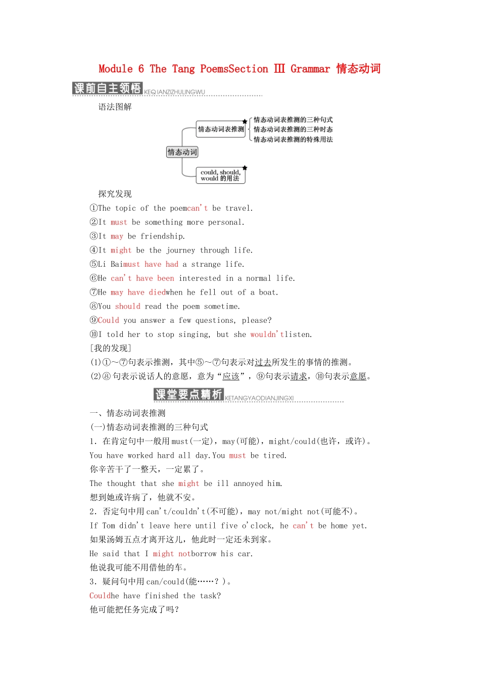 高中英语 Module 6 The Tang PoemsSection Ⅲ Grammar 情态动词教学案 外研版选修8-外研版高二选修8英语教学案_第1页