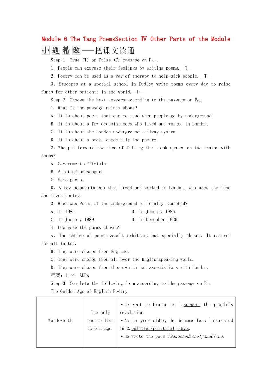 高中英语 Module 6 The Tang PoemsSection Ⅳ Other Parts of the Module教学案 外研版选修8-外研版高二选修8英语教学案_第1页
