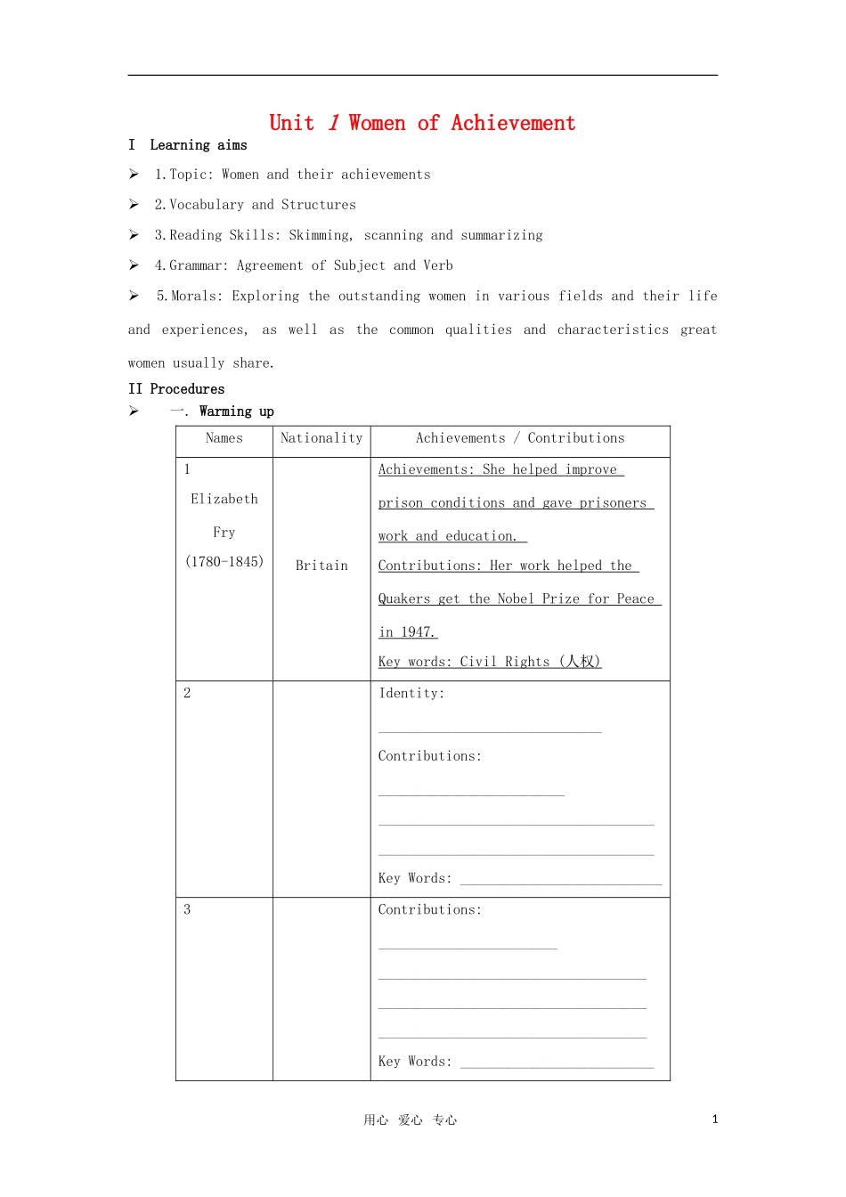 高中英语 Unit 1 《Women of Achievement》导学案 新人教必修4_第1页