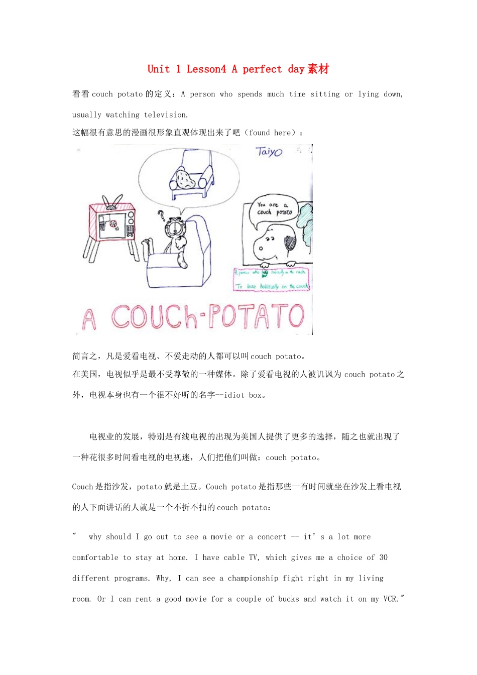 高中英语 Unit 1 Lesson1《lifestyles》A perfect day文字素材1 北师大必修1_第1页