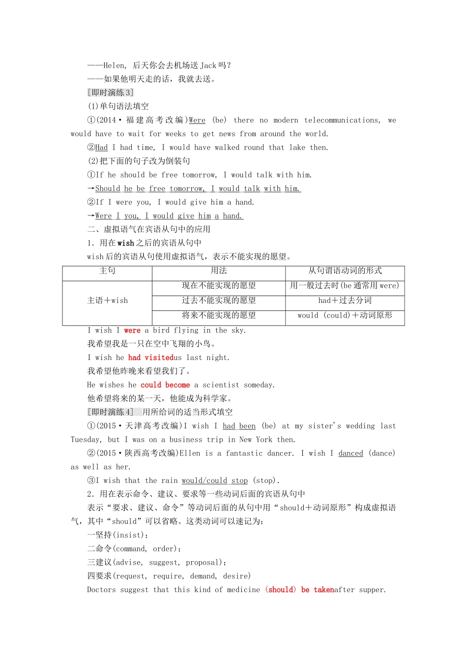 高中英语 Unit 1 Art Section Ⅲ Grammar- 虚拟语气（1）教学案 新人教版选修6-新人教版高二选修6英语教学案_第3页