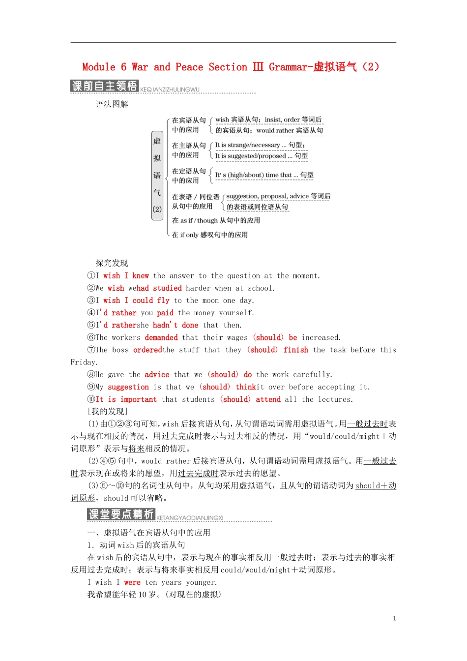 高中英语 Module 6 War and Peace Section Ⅲ Grammar-虚拟语气（2）教学案 外研版选修6-外研版高二选修6英语教学案_第1页