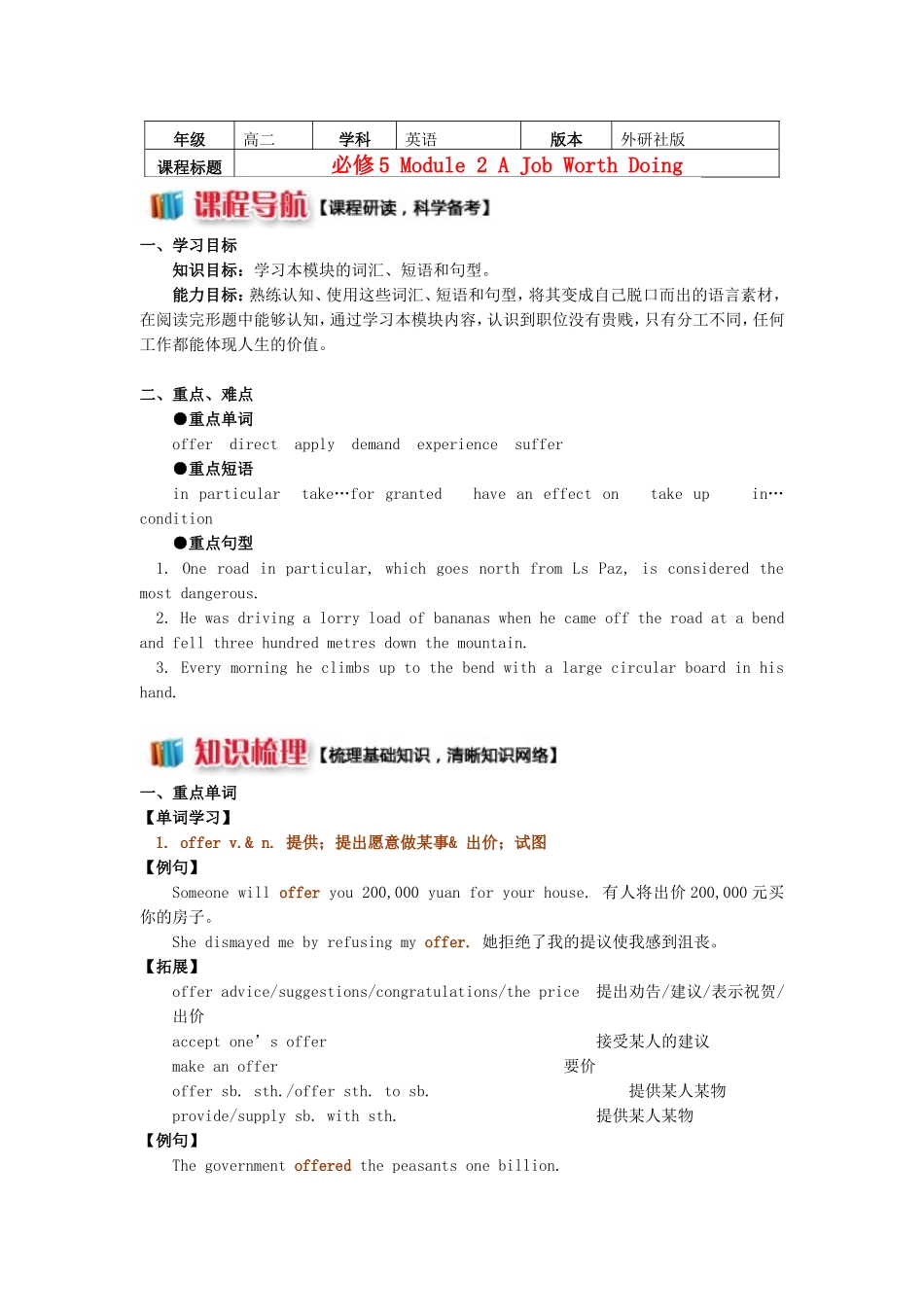 高中英语 Module2 A Job Worth Doing单元重点词汇导学案 外研版必修5-外研版高二必修5英语学案_第1页