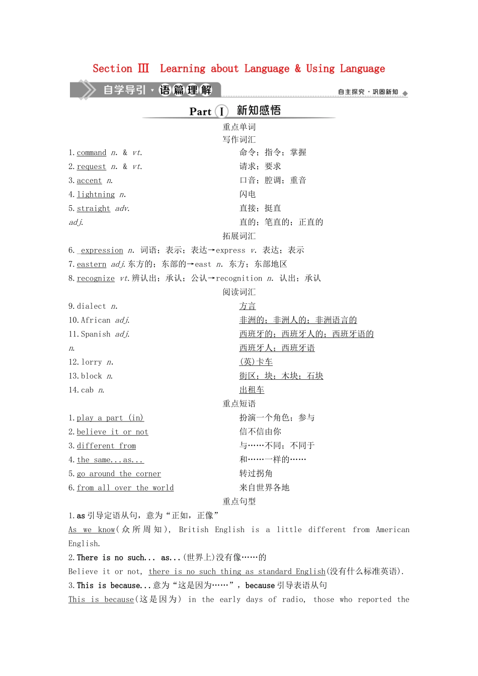 高中英语 Unit 2 English around the world Section Ⅲ Learning about Language  Using Language学案 新人教版必修1-新人教版高一必修1英语学案_第1页