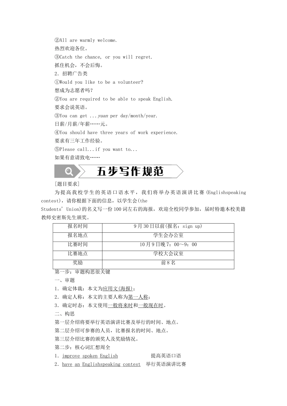 高中英语 Unit 2 English around the world Section Ⅳ 写作（Writing—海报）学案（含解析）新人教版必修1-新人教版高一必修1英语学案_第2页