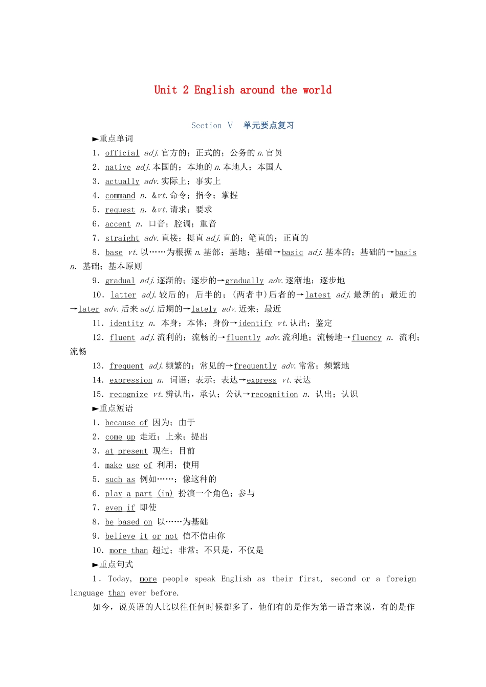 高中英语 Unit 2 English around the world Section Ⅴ单元要点复习学案（含解析）新人教版必修1-新人教版高一必修1英语学案_第1页