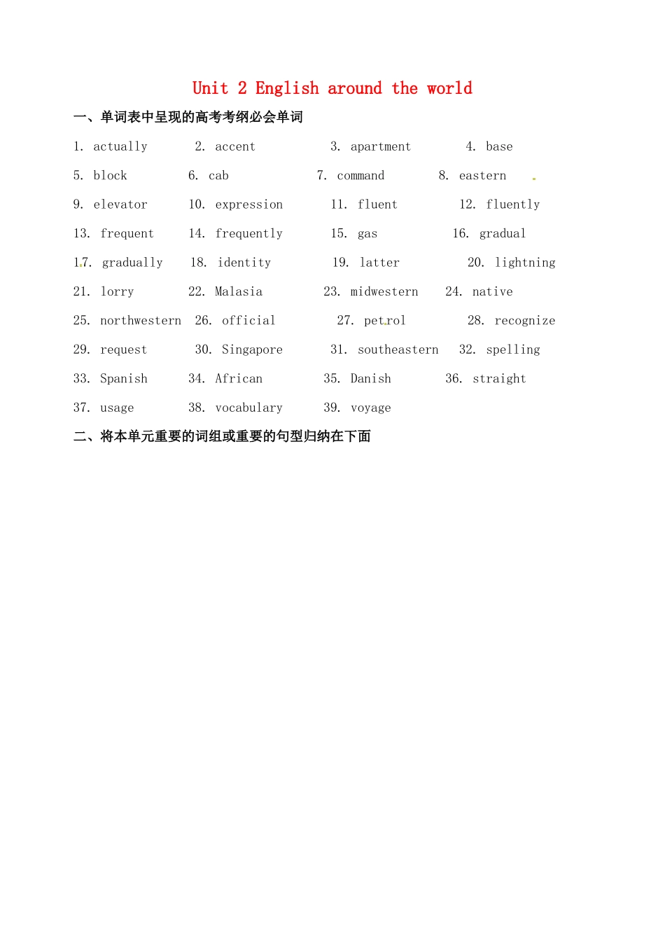 高中英语 Unit 2 English around the world单元复习学案 新人教版必修1-新人教版高一必修1英语学案_第1页