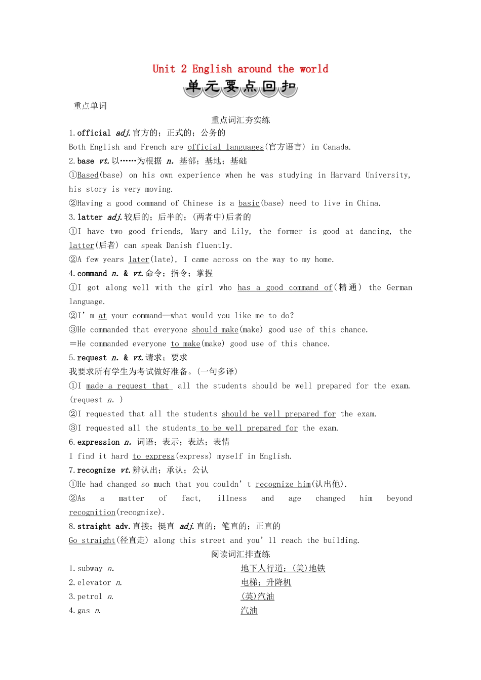 高中英语 Unit 2 English around the world单元要点回扣学案 新人教版必修1-新人教版高一必修1英语学案_第1页