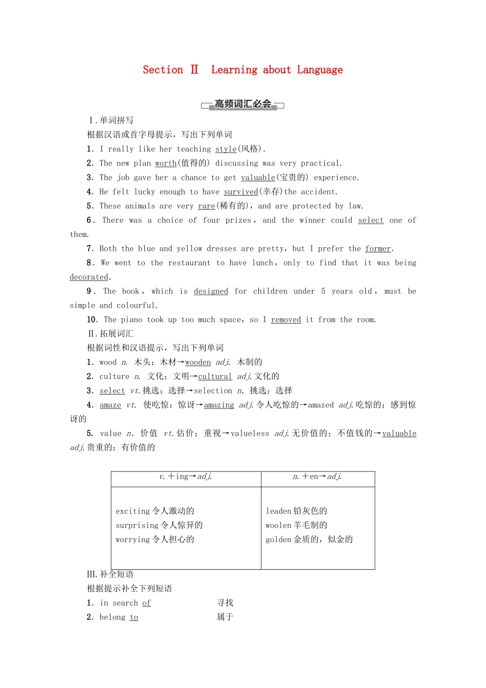 高中英语 Unit 1 Cultural relics Section Ⅱ Learning about Language讲义 新人教版必修2-新人教版高一必修2英语教案_第1页