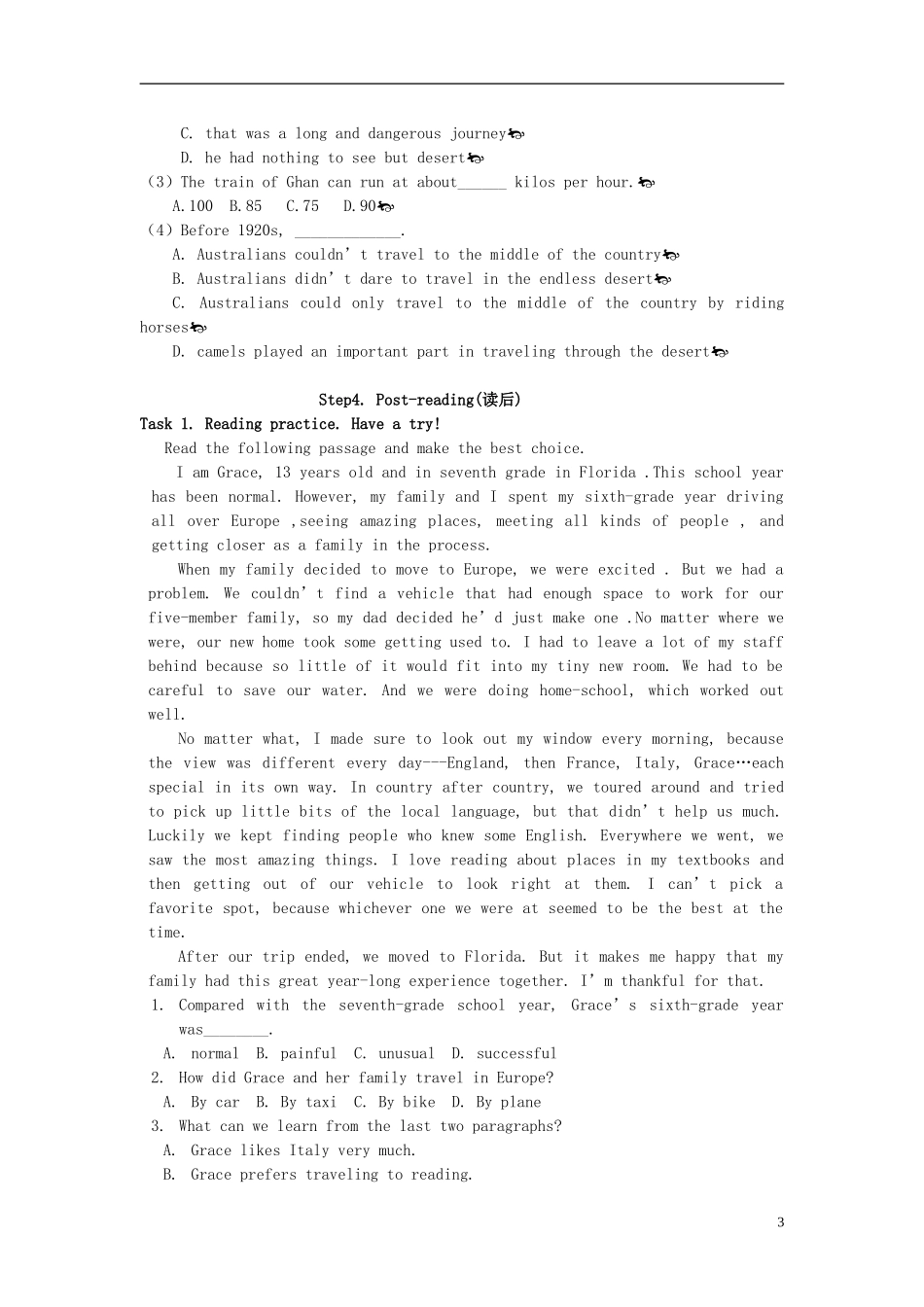 高中英语 Module3 My First Ride On a train period 2 Reading My First Ride on a Train导学案 外研版必修1_第3页