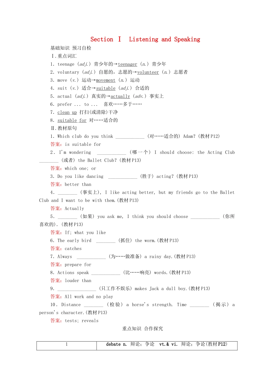 高中英语 Unit 1 Teenage life Section Ⅰ Listening and Speaking教学案 新人教版必修第一册-新人教版高一第一册英语教学案_第1页