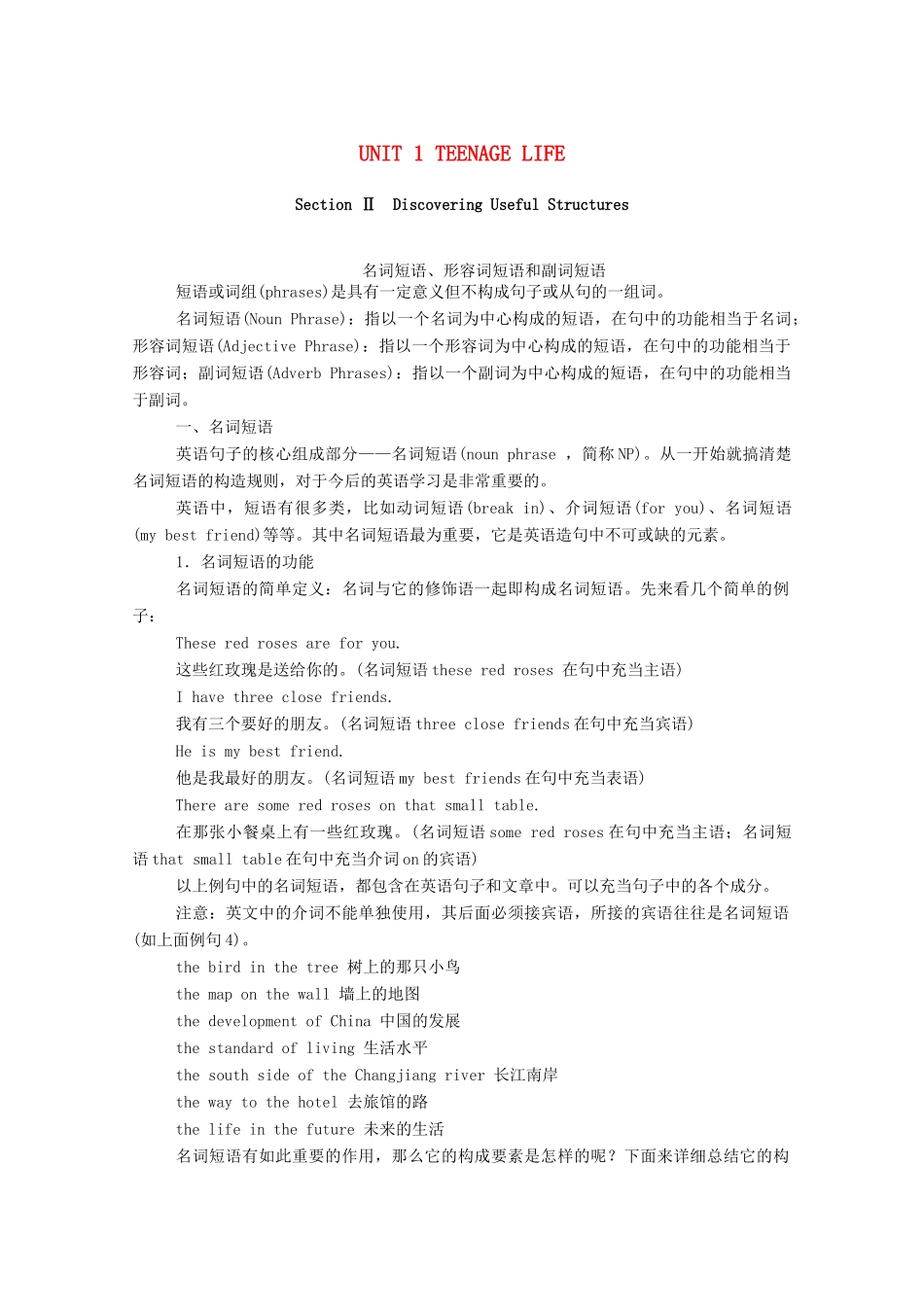 高中英语 UNIT 1 TEENAGE LIFE Section Ⅱ Discovering Useful Structures学案（含解析）新人教版必修第一册-新人教版高一第一册英语学案_第1页