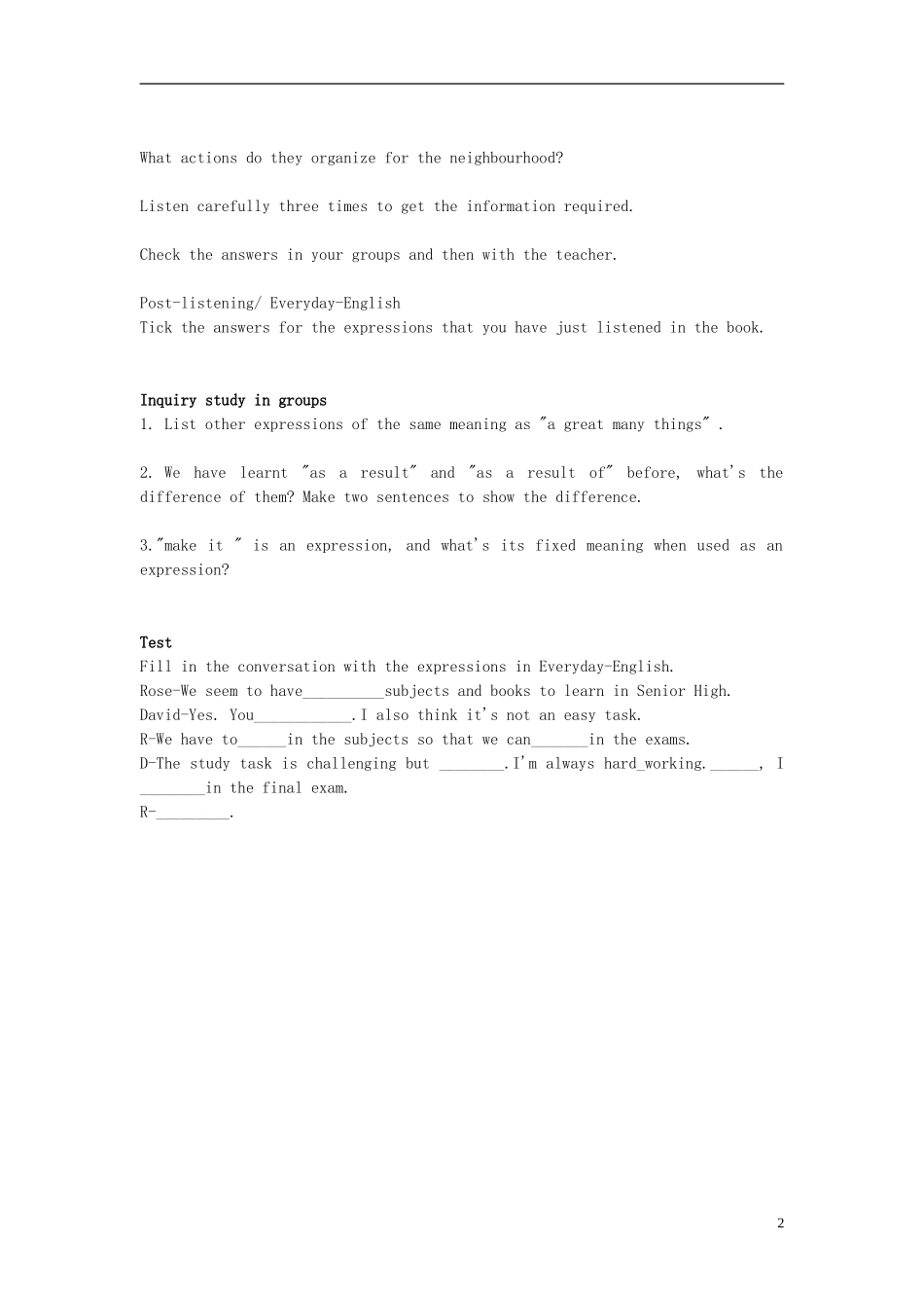 高中英语 Module4 A social Survey-My Neighbourhood Period 1 introduction+listening导学案 外研版必修1_第2页