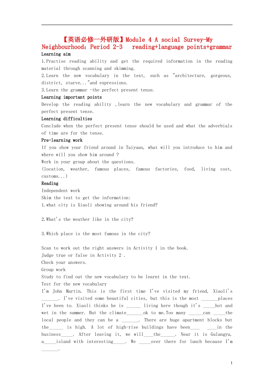 高中英语 Module4 A social Survey-My Neighbourhood Period 2-3 reading+language points+grammar导学案 外研版必修1_第1页