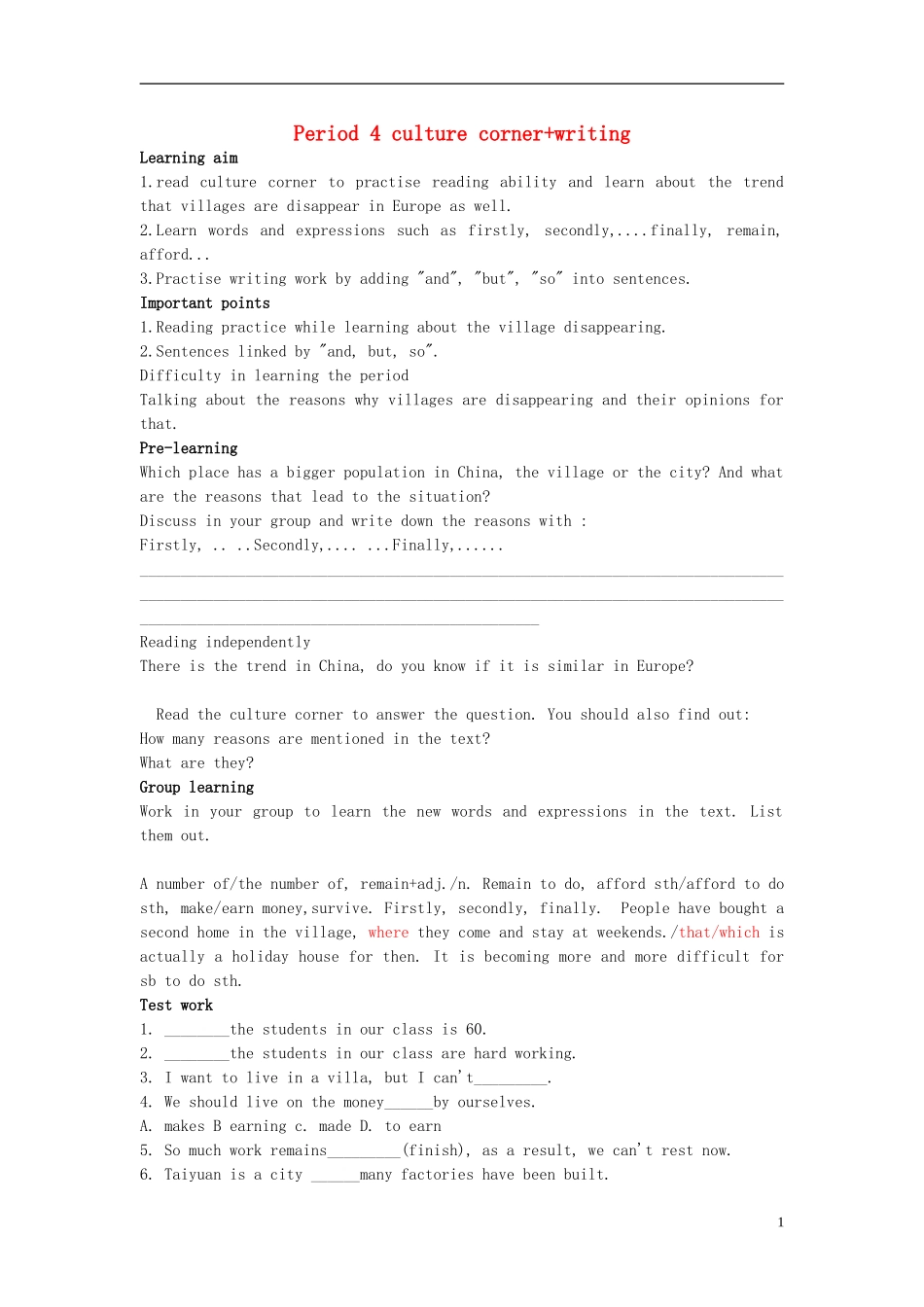 高中英语 Module4 A social Survey-My Neighbourhood Period 4 culture corner+writing导学案 外研版必修1_第1页