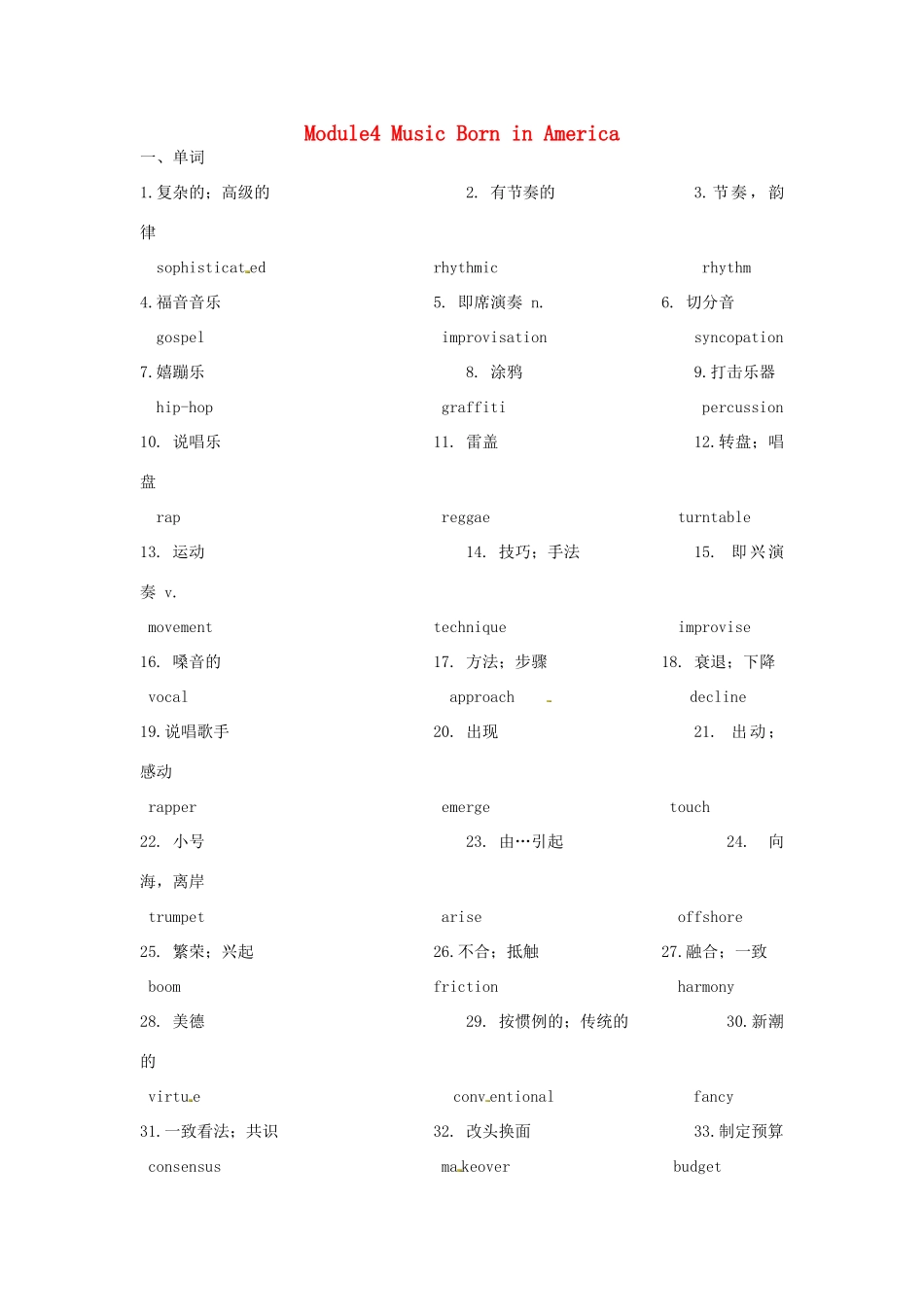 高中英语 Module4 Music Born in America单词清单 外研版选修7-外研版高二选修7英语素材_第1页