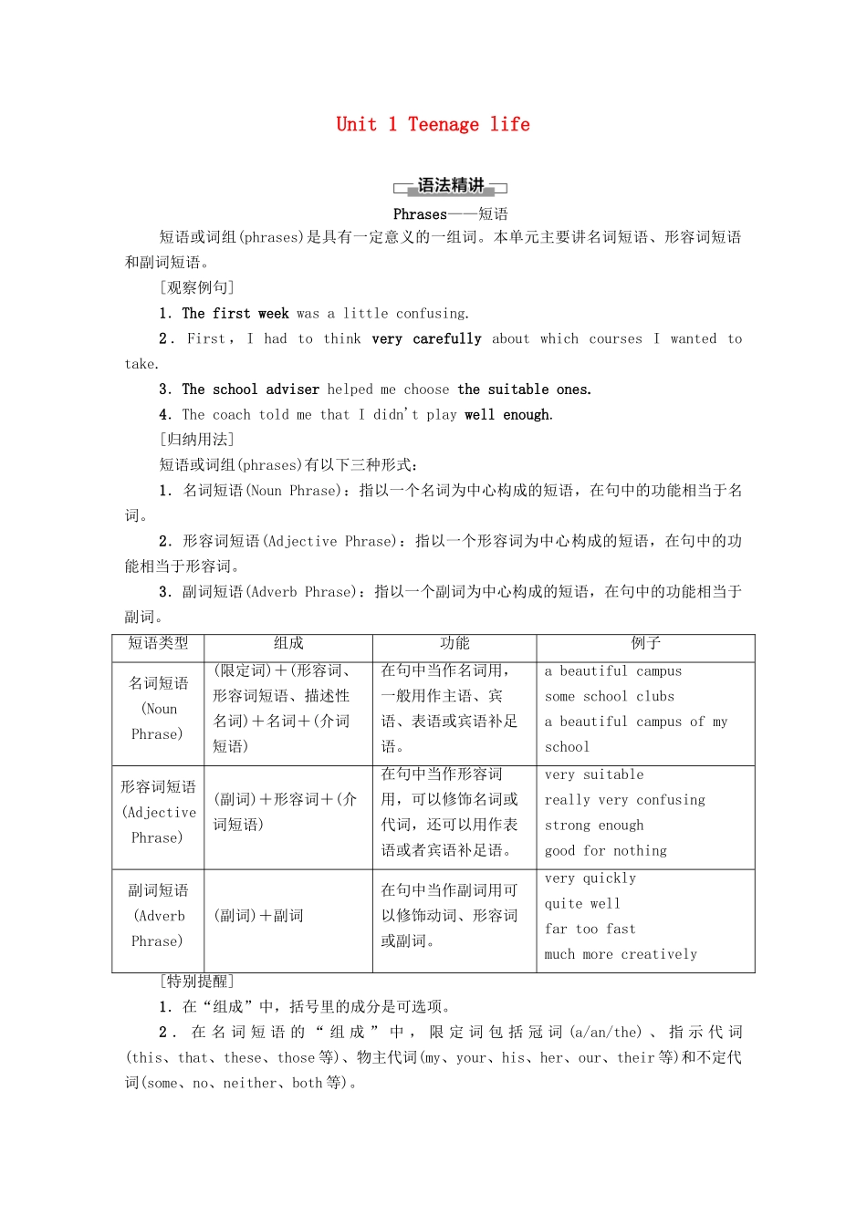 高中英语 Unit 1 Teenage life突破 语法大冲关学案 新人教版必修第一册-新人教版高一第一册英语学案_第1页