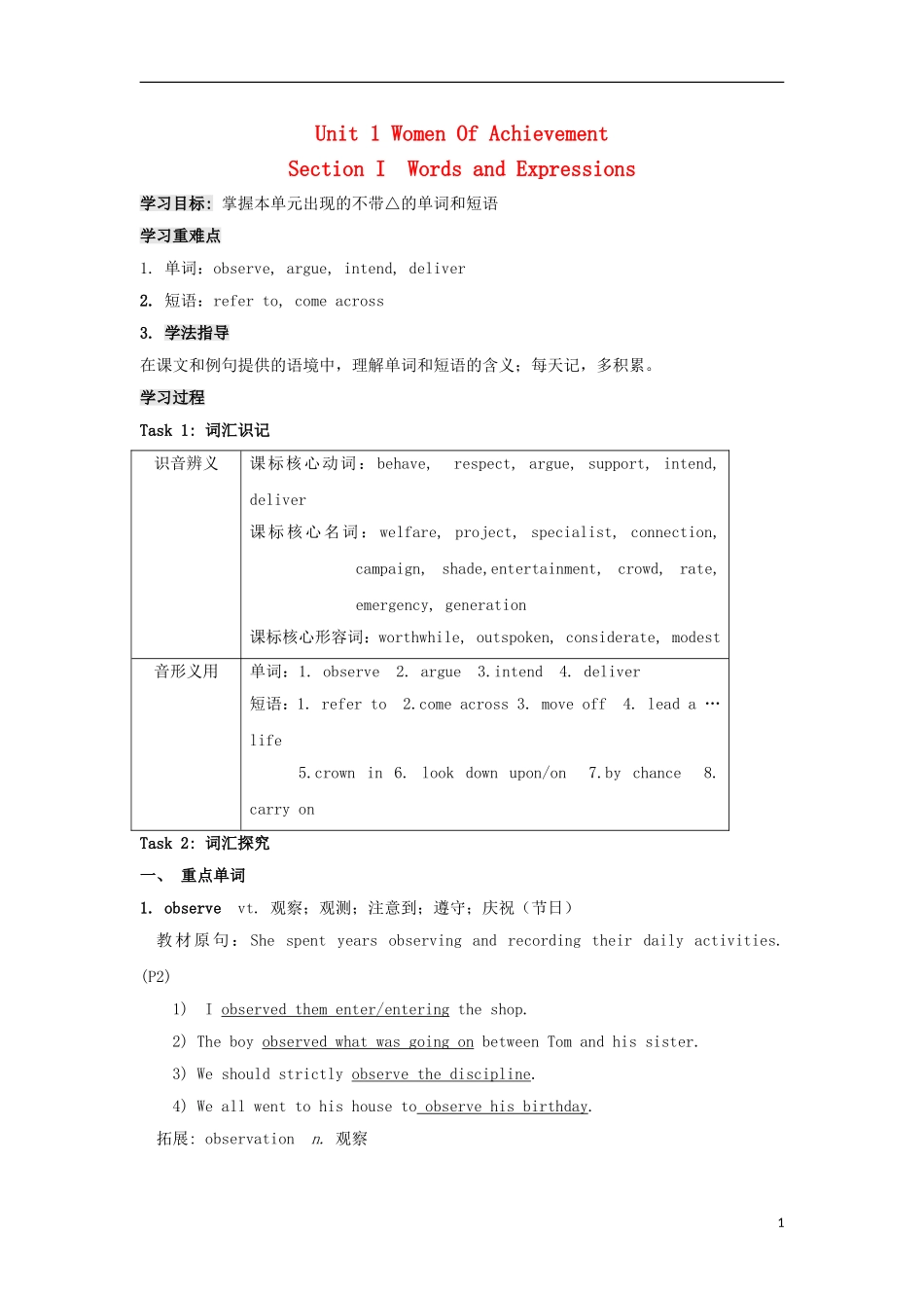 高中英语 Unit 1 Women Of Achievement Section I Words and Expressions导学案 新人教版必修4-新人教版高一必修4英语学案_第1页