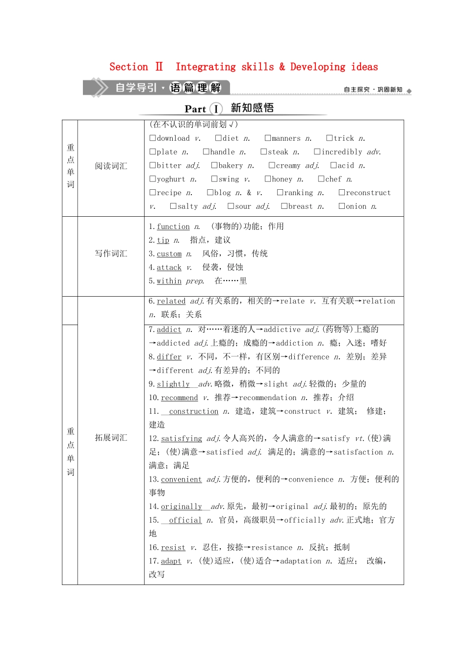 高中英语 Unit 1 Food for thought Section Ⅱ Integrating skills  Developing ideas教学案 外研版必修第二册-外研版高一第二册英语教学案_第1页