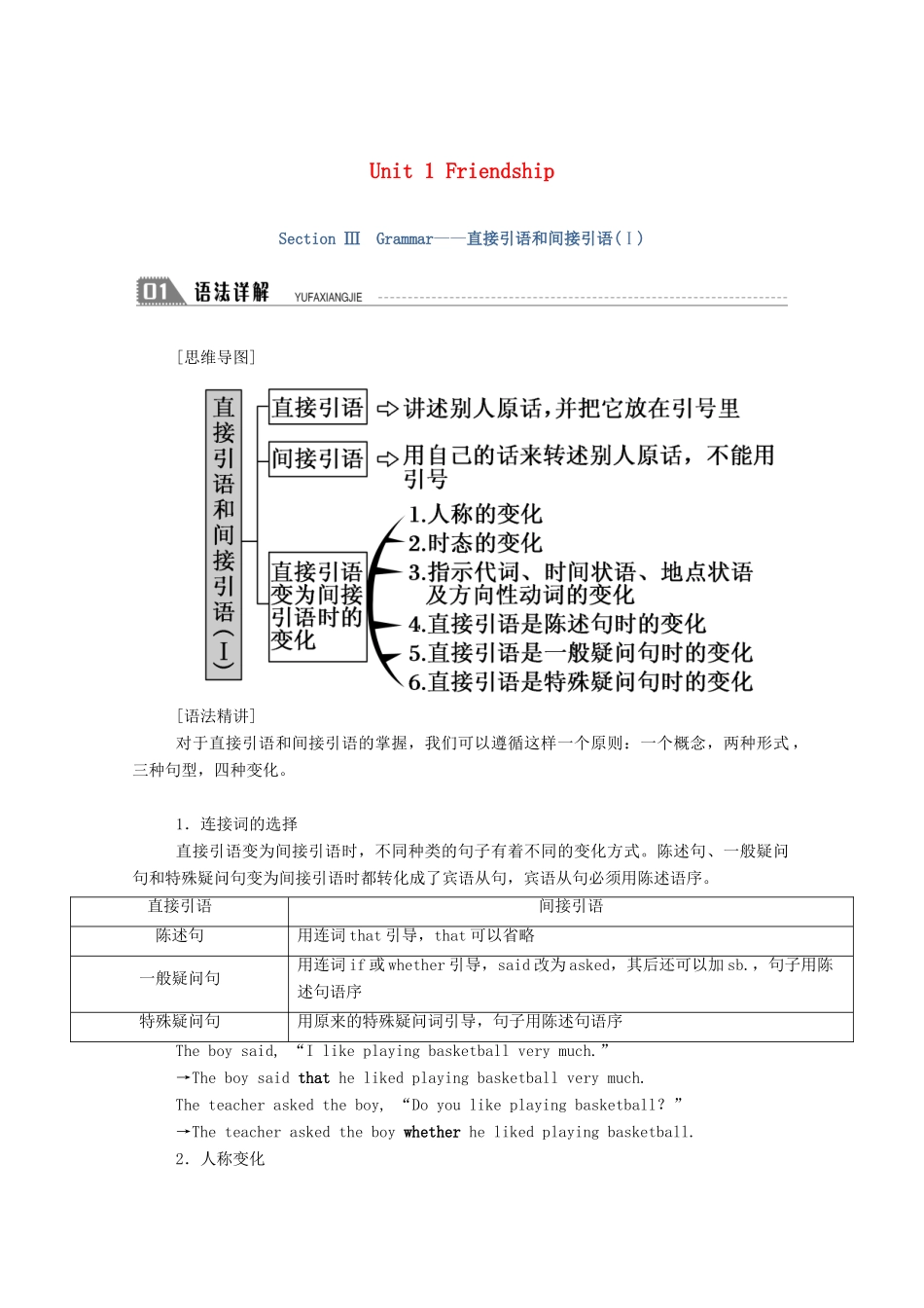 高中英语 Unit 1 Friendship Section Ⅲ Grammar—直接引语和间接引语（Ⅰ）学案（含解析）新人教版必修1-新人教版高一必修1英语学案_第1页