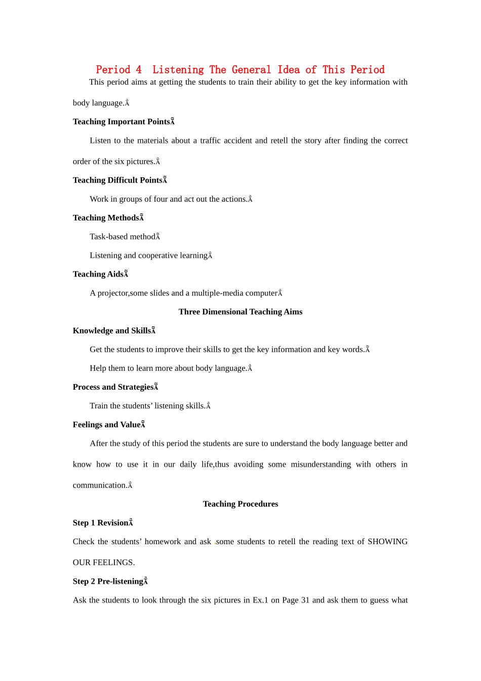 高中英语 Period 4　Listening（Unit 4 Body languange）优秀教案 新人教版必修4_第1页
