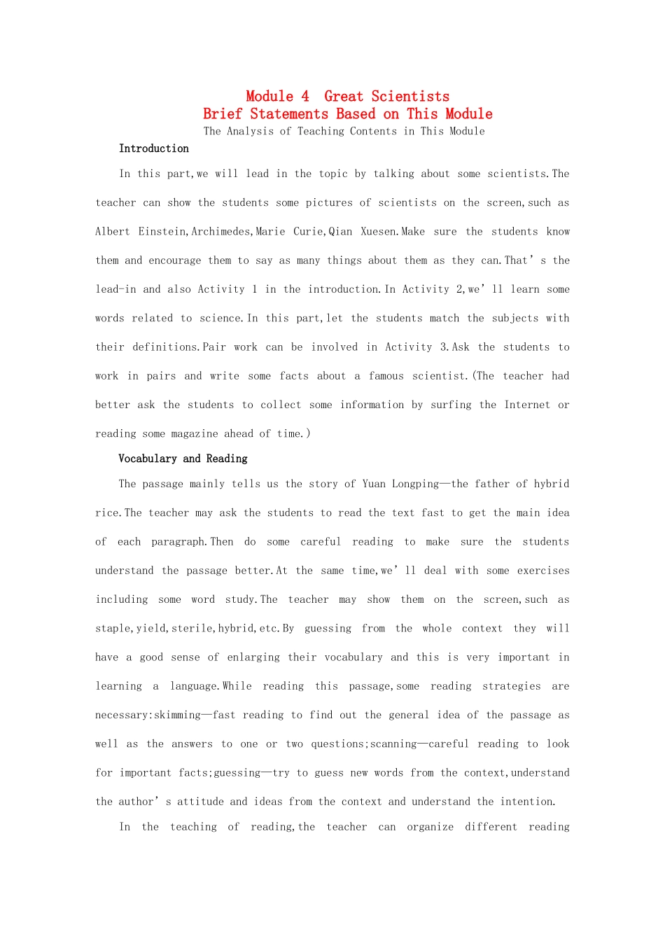 高中英语 Period1 Introduction and writing（Module4 Great Scientists） 教案 外研版必修4_第1页