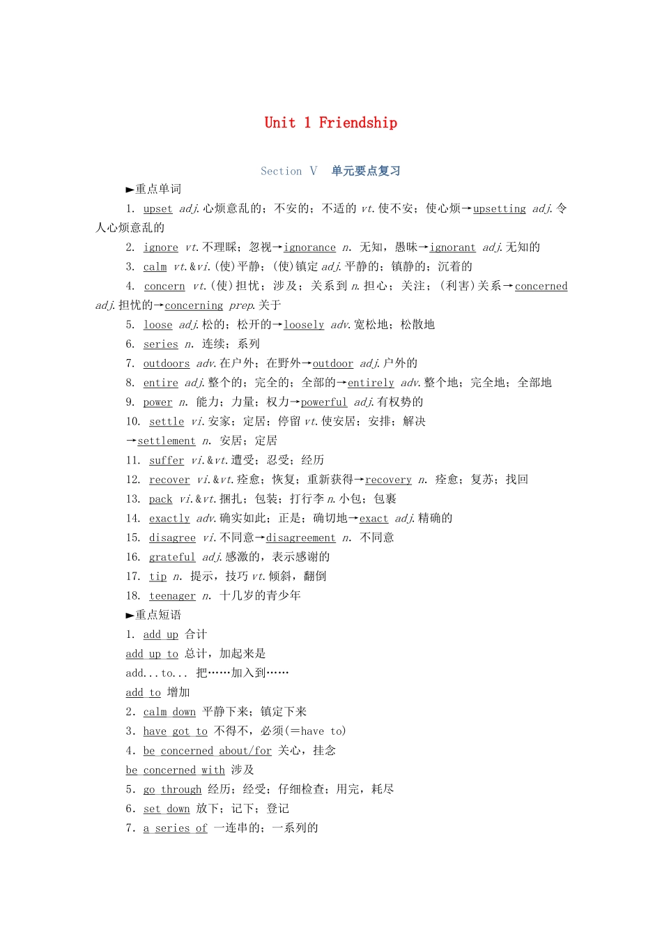高中英语 Unit 1 Friendship Section Ⅴ单元要点复习学案（含解析）新人教版必修1-新人教版高一必修1英语学案_第1页