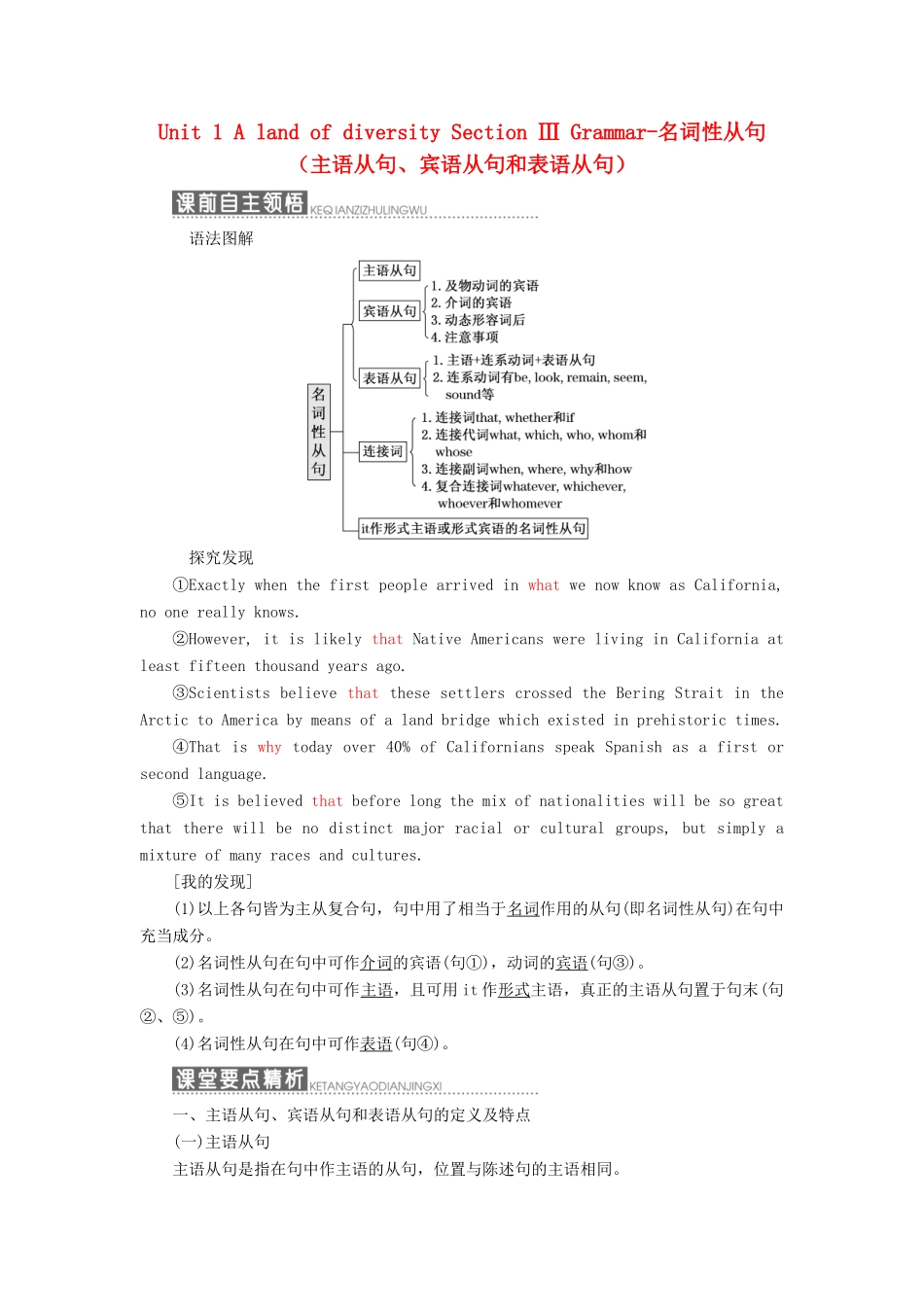 高中英语 Unit 1 A land of diversity Section Ⅲ Grammar-名词性从句（主语从句、宾语从句和表语从句）教学案 新人教版选修8-新人教版高二选修8英语教学案_第1页