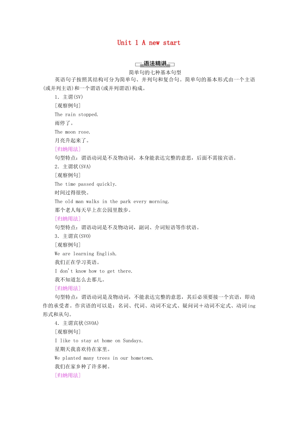 高中英语 Unit 1 A new start突破 语法大冲关学案 外研版必修第一册-外研版高一第一册英语学案_第1页