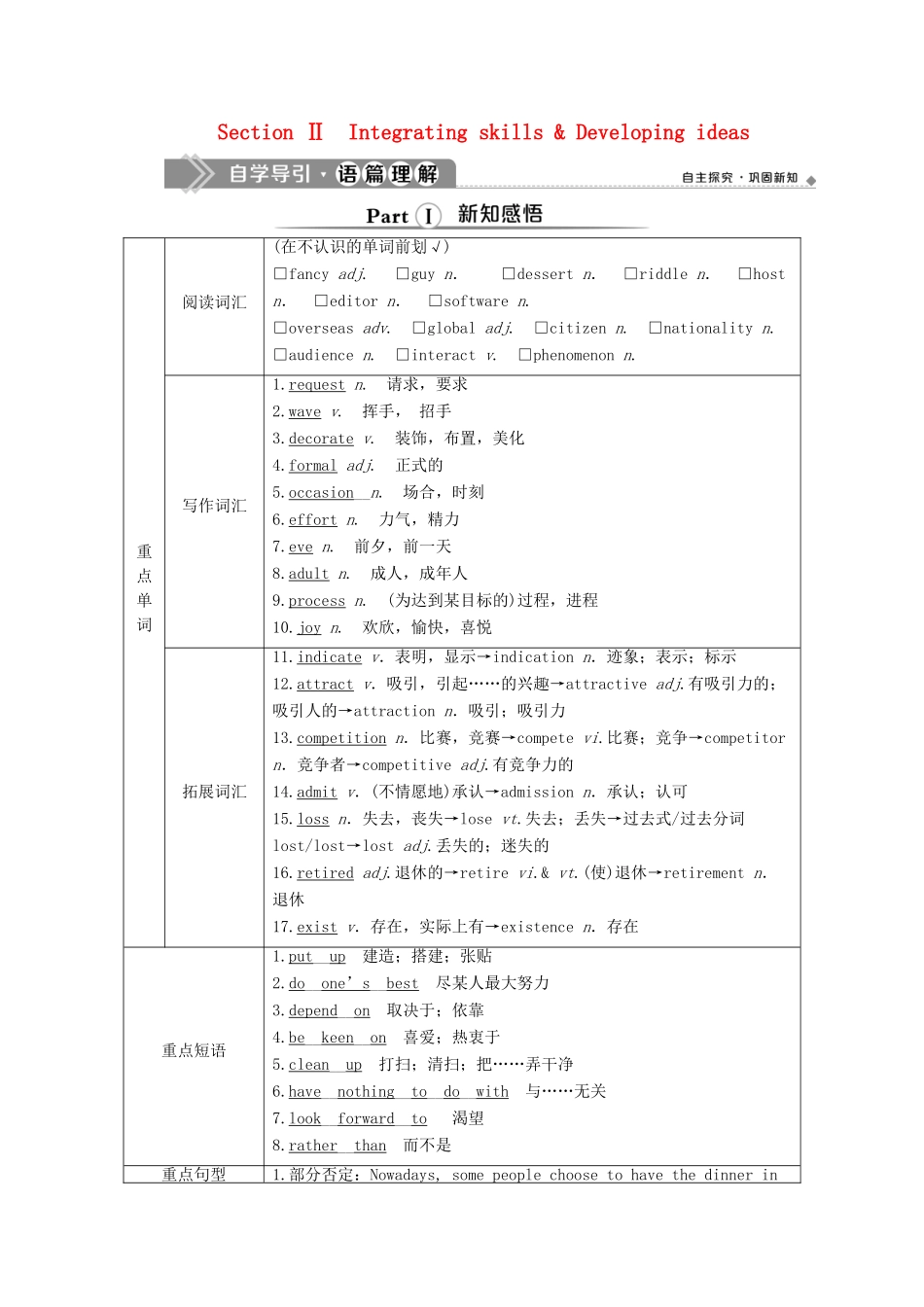 高中英语 Unit 2 Let’s celebrate Section Ⅱ Integrating skills  Developing ideas教学案 外研版必修第二册-外研版高一第二册英语教学案_第1页