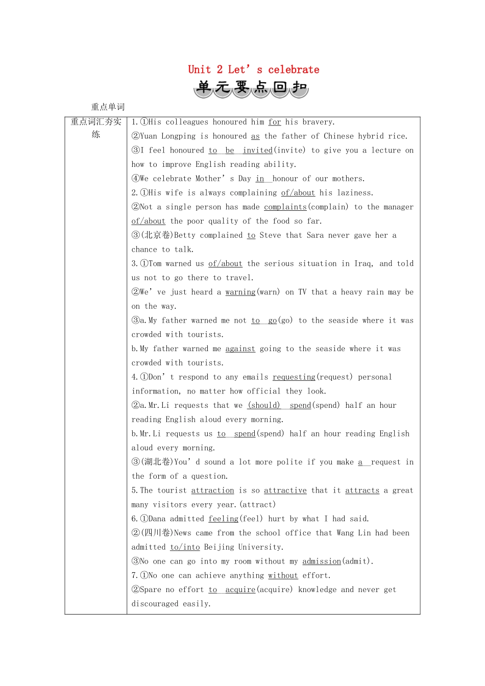 高中英语 Unit 2 Let’s celebrate 单元要点回扣教学案 外研版必修第二册-外研版高一第二册英语教学案_第1页