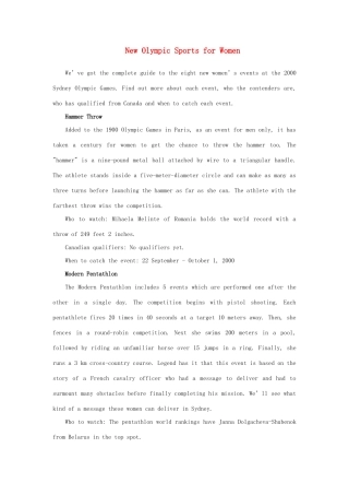 高中英语 Unit 2《Sporting events-New Olympic Sports for Women》文字素材3 牛津译林版必修4
