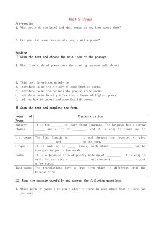 高中英语 unit 2 poems reading学案 新人教版选修6